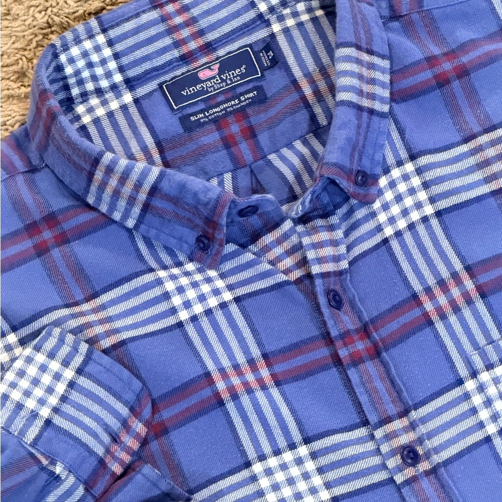 Vineyard Vines Shirt Mens XL Blue Plaid Flannel Button Up Slim Longshore Whale